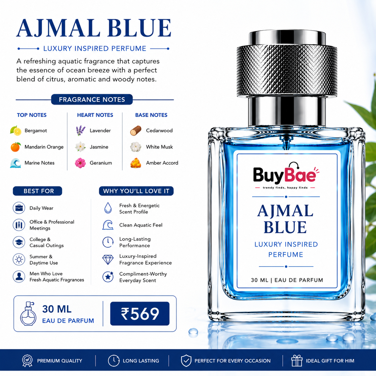 BuyBae Ajmal Blue Inspired Perfume For Men | Fresh Aquatic Long Lasting Fragrance | 30ml